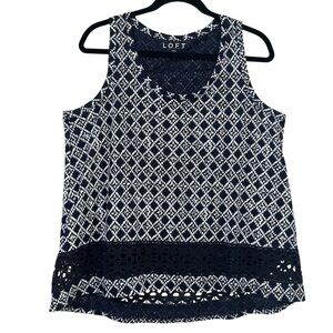 Ann Taylor Loft Navy Blue & White Sleeveless Top with Embroidered Accent Sz. LP
